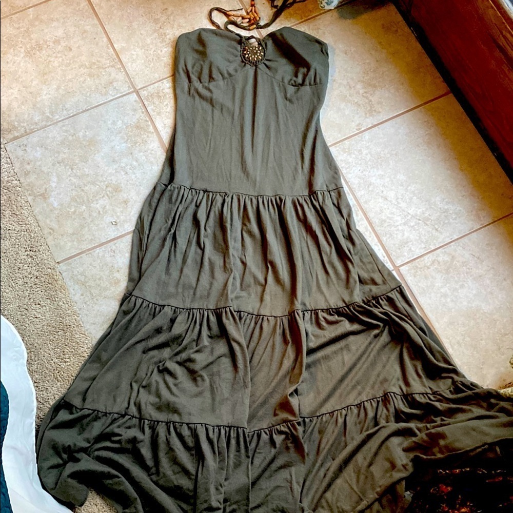 Boho Strapless Olive Green Dress drop waist vintage size medium maxi